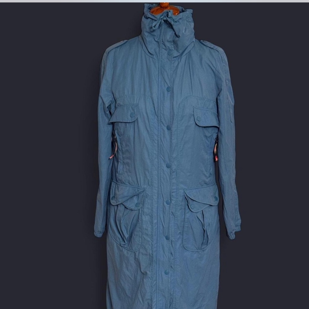 Vintage 80’s Blue Ladies Trench Rain Coat w/ Bicycle Embroidered on Back